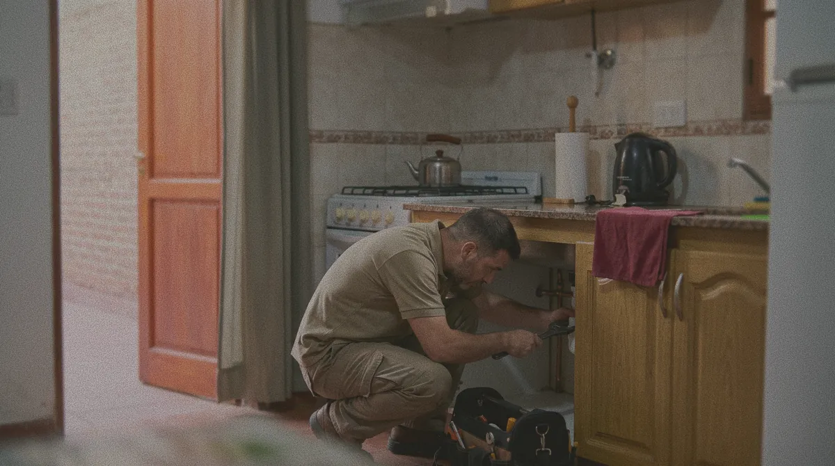 Un plomero repara las conexiones debajo de la pileta de una cocina.